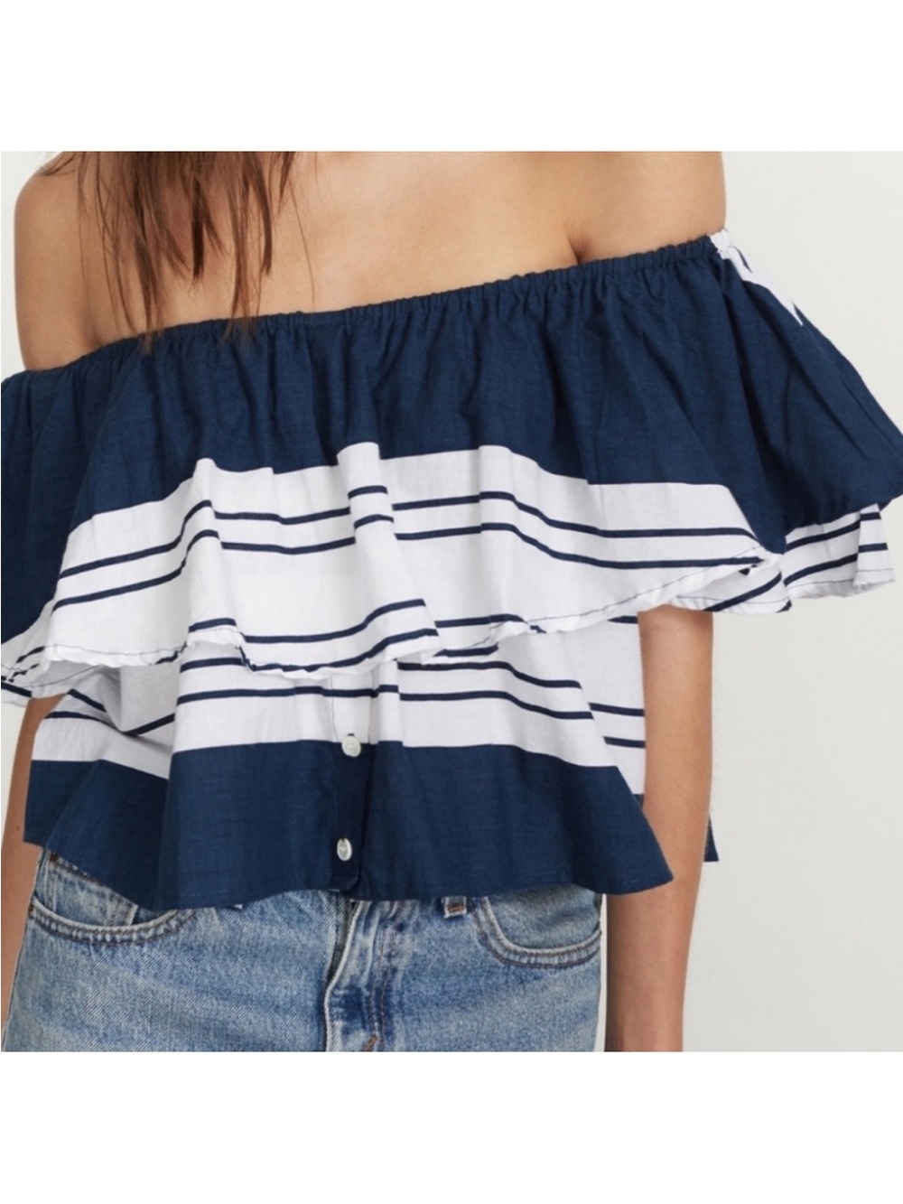 FAITHFULL THE BRAND Navy and White Off The Shoulder Striped Ruffle Top